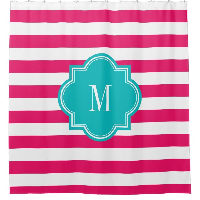 Heißes Rosa-Streifen mit aquamarinem Monogramm Duschvorhang (Vorderseite)