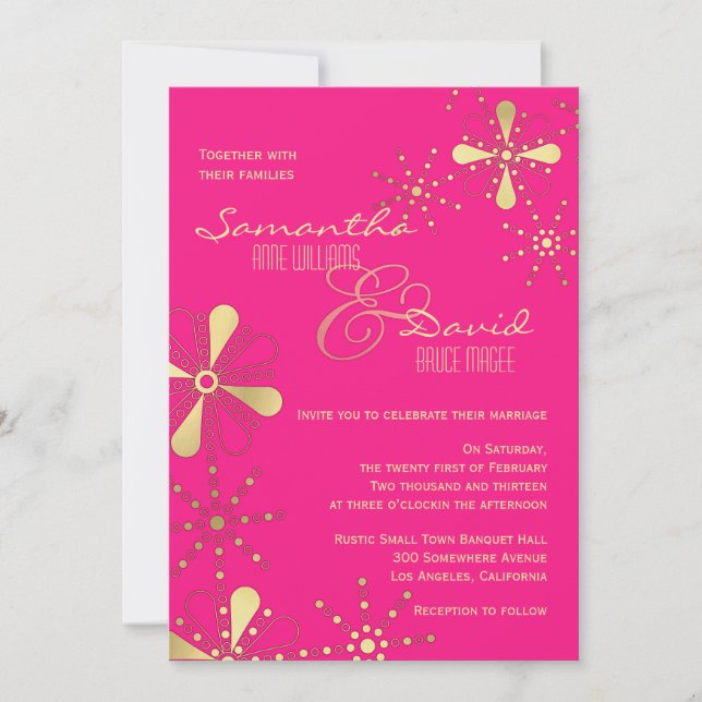 Heißes Rosa und Goldindische inspirierte Hochzeit Einladung (Vorderseite)