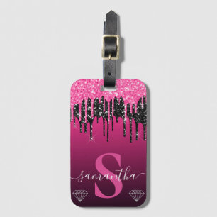 Heißes Rosa und schwarzes tropfendes Glitter-Monog Gepäckanhänger