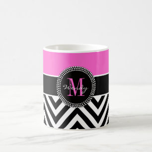 Heißes Rosa und schwarzes Zickzack Monogramm Kaffeetasse