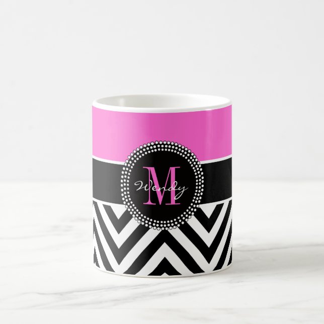 Heißes Rosa und schwarzes Zickzack Monogramm Kaffeetasse (Mittel)