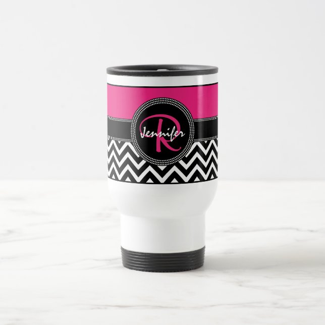Heißes Rosa-Zickzack Monogramm-Jennifer R Chic Reisebecher (Mittel)