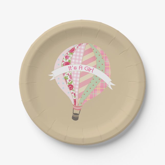 Heißluft-Ballon-Mädchen-Babyparty Pappteller (Vorderseite)