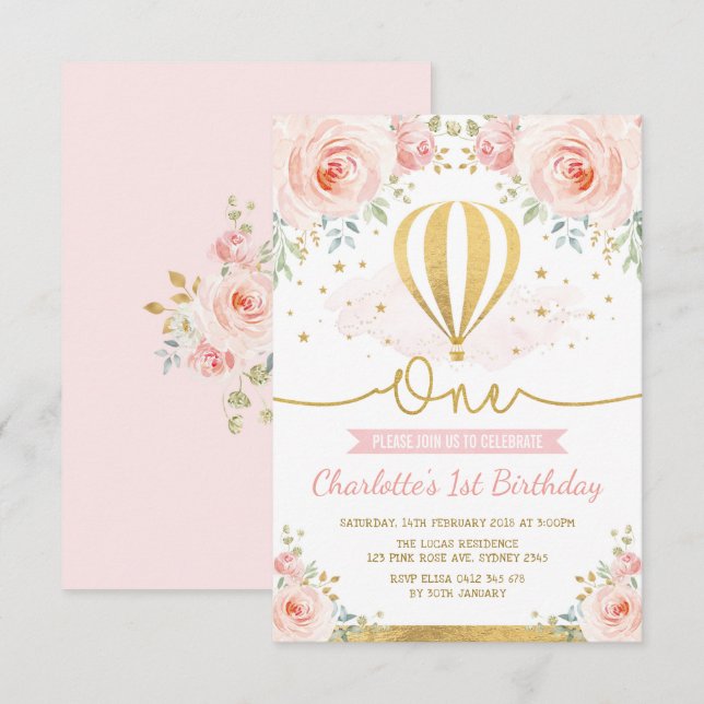 Heißluft-Ballon-Rosa-Goldblumenmädchen-1. Einladung (Vorne/Hinten)