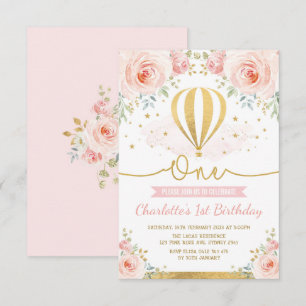 Heißluft-Ballon-Rosa-Goldblumenmädchen-1. Einladung