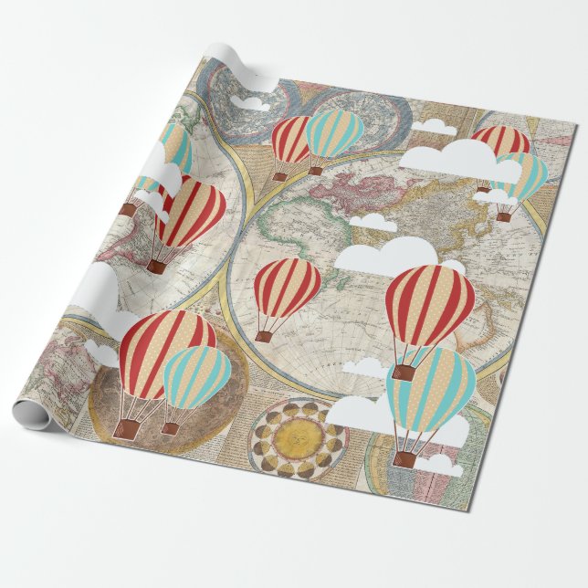 Heißluft-Ballon-u. Weltkarten-Vintager Reisender Geschenkpapier (Ungerollt)