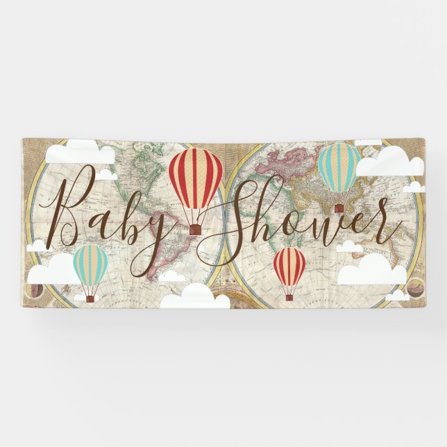 Heißluft-Ballone u. Vintage Weltkarten-Baby-Dusche Banner (Horizontal)
