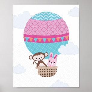 Heißluftballon-Affen- und Hasen-Kinderzimmer-Kunst Poster