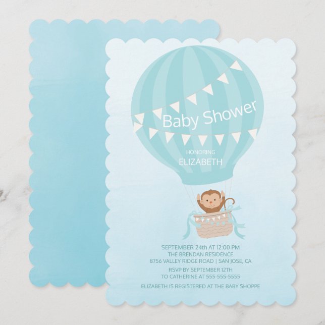 Heißluftballon Affenjunge Babydusche Einladung (Vorne/Hinten)