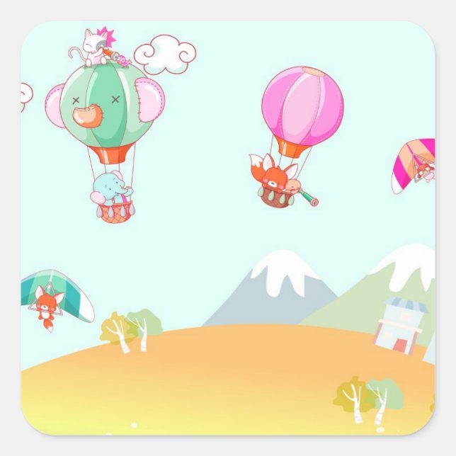 Heißluftballon auf pastellfarbenem Hintergrund. Quadratischer Aufkleber (Vorderseite)