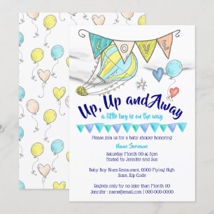 Heißluftballon-Baby-Shower-Reise-Jungen-Flaggen Einladung