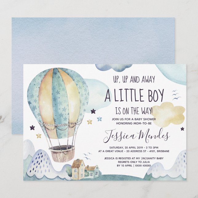 Heißluftballon Babydusche Einladung (Vorne/Hinten)