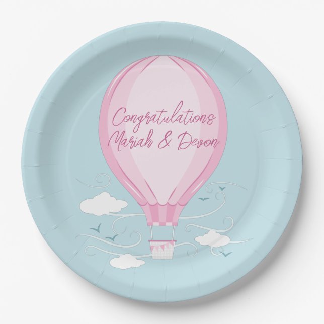 Heißluftballon Babydusche Pink Pappteller (Vorderseite)