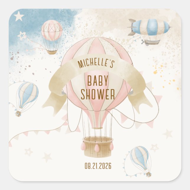 Heißluftballon Babydusche Quadratischer Aufkleber (Vorderseite)