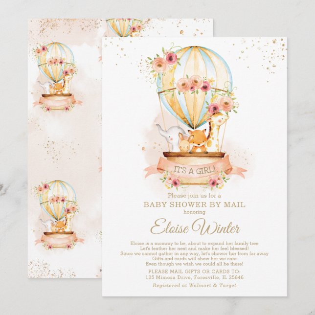 Heißluftballon Babydusche von Mail-Niedlichen Tier Einladung (Vorne/Hinten)
