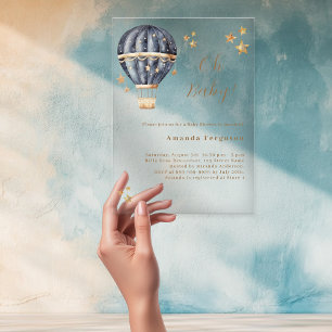 Heißluftballon blauer Junge Sterne Baby Shower Acryleinladungen