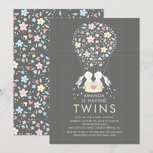 Heißluftballon Bunny TWINS Kinderdusche Einladung (Vorne/Hinten)
