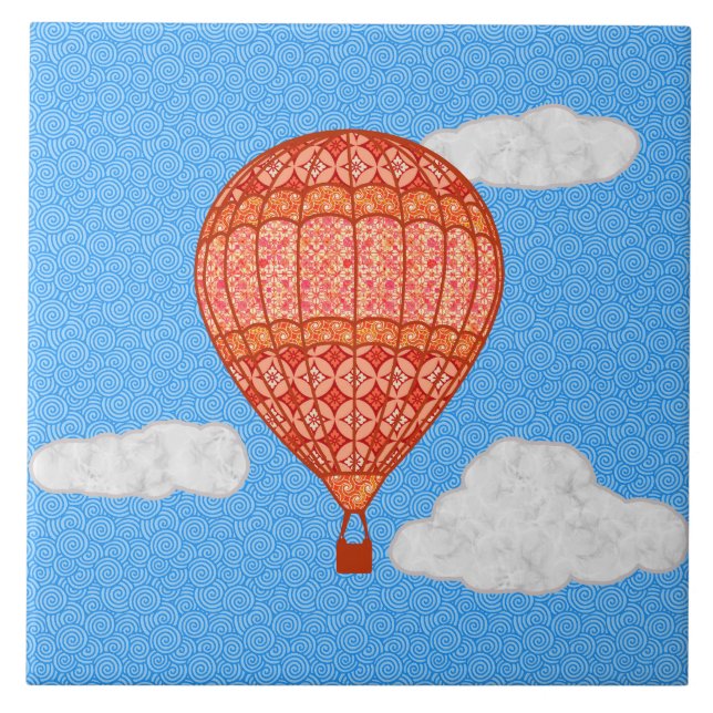Heißluftballon, Korallenorange gegen einen blauen  Fliese (Vorderseite)