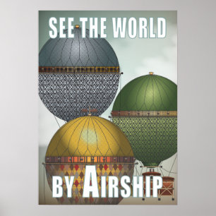 Heißluftballon-Luftschiff-Trio-Steampunk-Reise Poster
