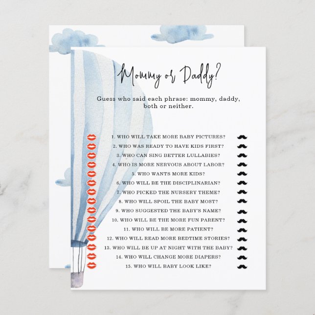 Heißluftballon - Mama- oder Papa-Baby-Duschspiel (Vorne/Hinten)