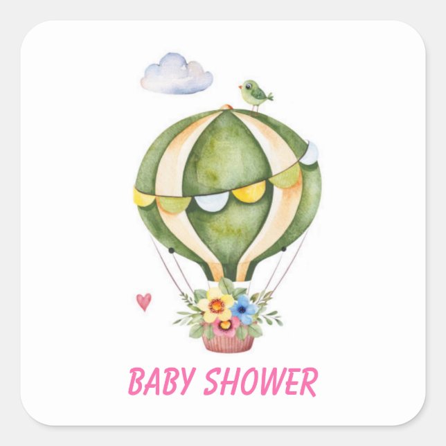 Heißluftballon mit Florals Girl Baby Dusche Quadratischer Aufkleber (Vorderseite)