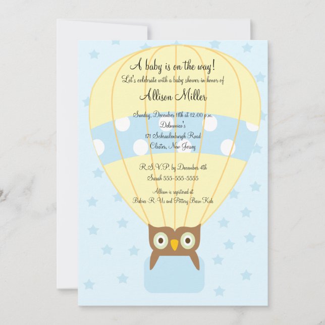Heißluftballon OWL Boy Baby Dusche Einladung (Vorderseite)