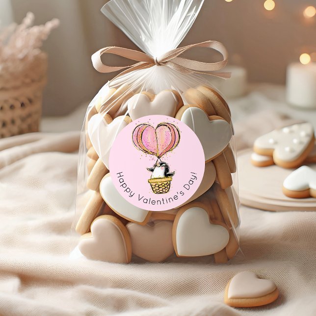 Heißluftballon Pinguin Happy Valentine's Day Runder Aufkleber (Von Creator hochgeladen)