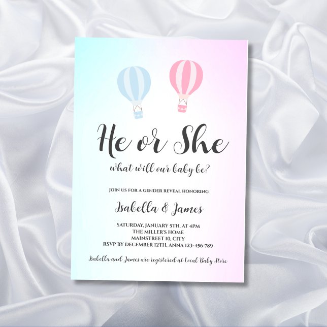Heißluftballon Pink Blue Niedlich Gender Reveal Einladung (gender reveal invitation hot air balloon pink or blue he or she)