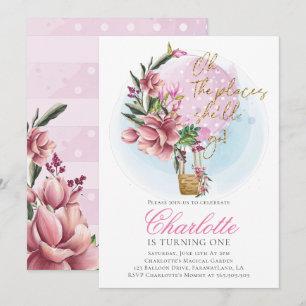 Heißluftballon Pink Floral Erster Geburtstag Einladung