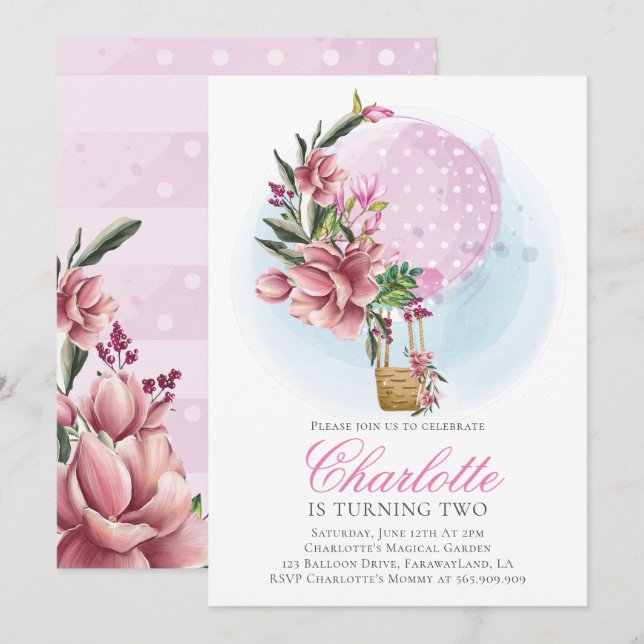 Heißluftballon Pink Floral Geburtstag Einladung (Vorne/Hinten)