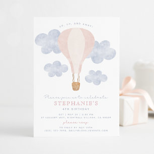 Heißluftballon Pink Watercolor Baby Girl Geburtsta Einladung