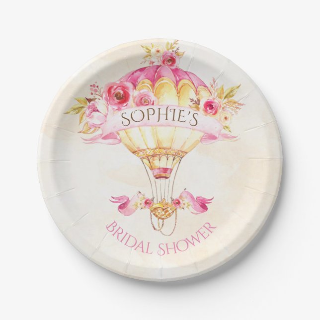 Heißluftballon Rosa Gelbe Rosen Pappteller (Vorderseite)