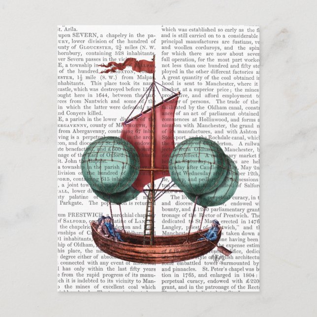Heißluftballon-Schiff mit rotem Segel Postkarte (Vorderseite)