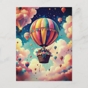 Heißluftballon schwebt durch Zuckerwatte-Himmel Postkarte