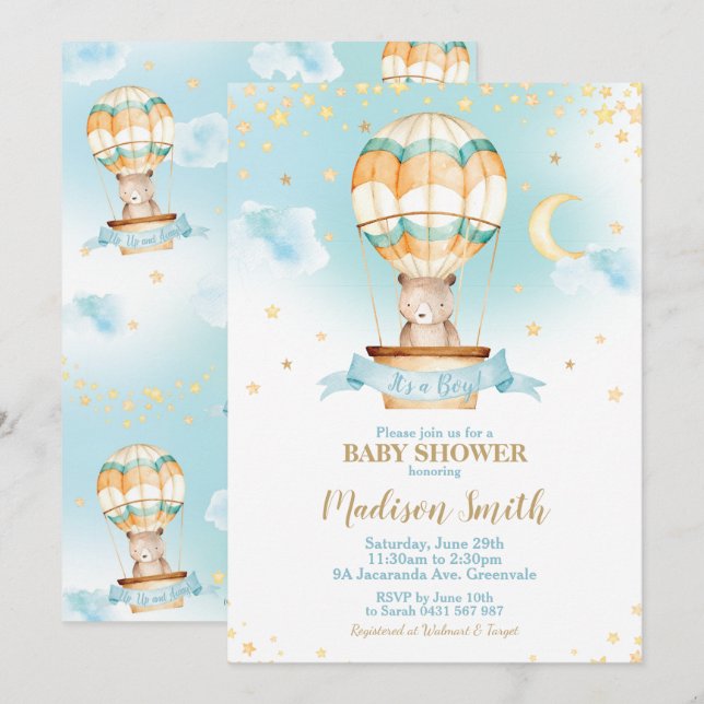 Heißluftballon Teddy Bear Baby Shower Boy Einladung (Vorne/Hinten)