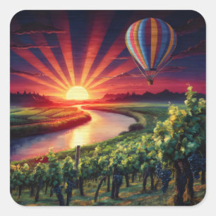 Heißluftballon über Fluss und Weinberg Quadratischer Aufkleber