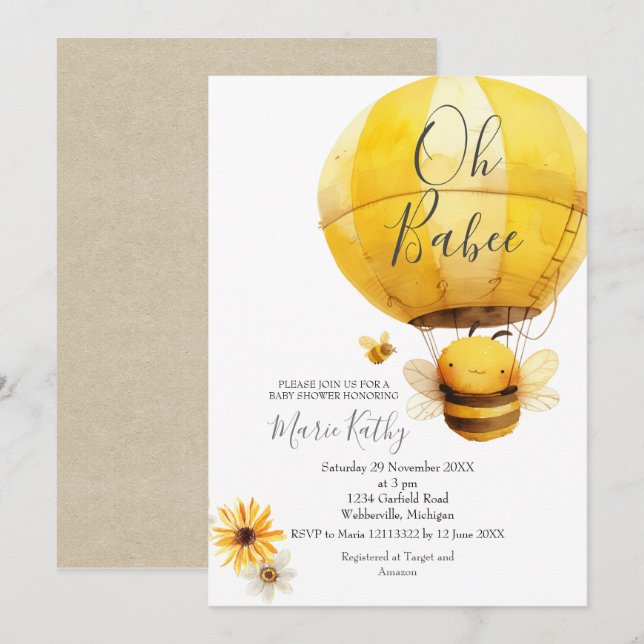 Heißluftballon und Bee Daisy Babydusche Einladung (Vorne/Hinten)