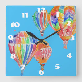 Heißluftballon Wasserfarbe Blau Kinderzimmer Kinde Quadratische Wanduhr
