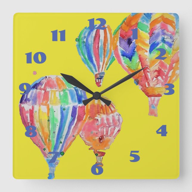 Heißluftballon Wasserfarbe Gelbes Kinderzimmer Kin Quadratische Wanduhr (Vorderseite)