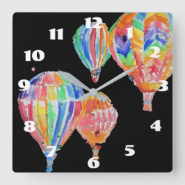 Heißluftballon Wasserfarbe Schwarzes Kinderzimmer Quadratische Wanduhr