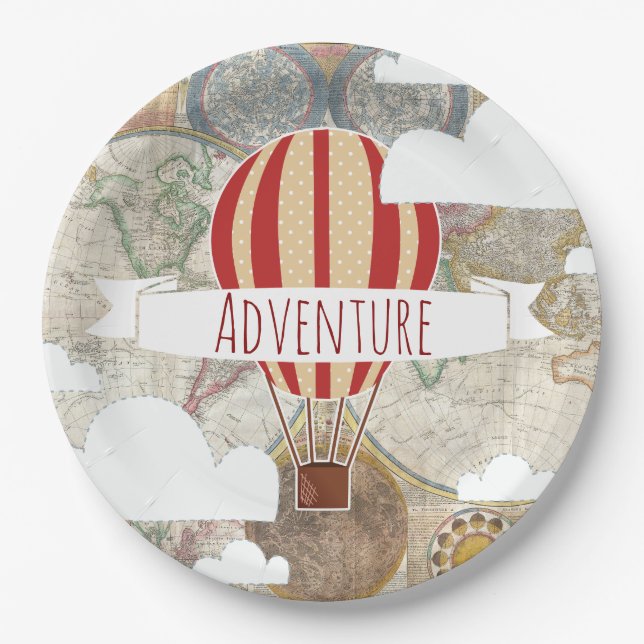 Heißluftballon & Weltkarte Vintages Abenteuer Pappteller (Vorderseite)