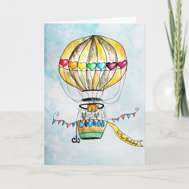 Heißluftballon zum Geburtstag niedliche Regenbogen Karte (Vorderseite)