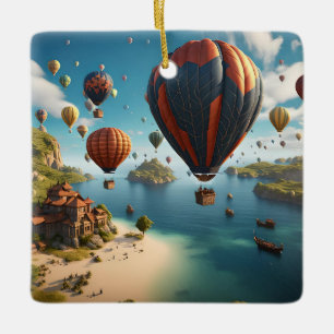 Heißluftballons fliegen über eine Insel Keramikornament
