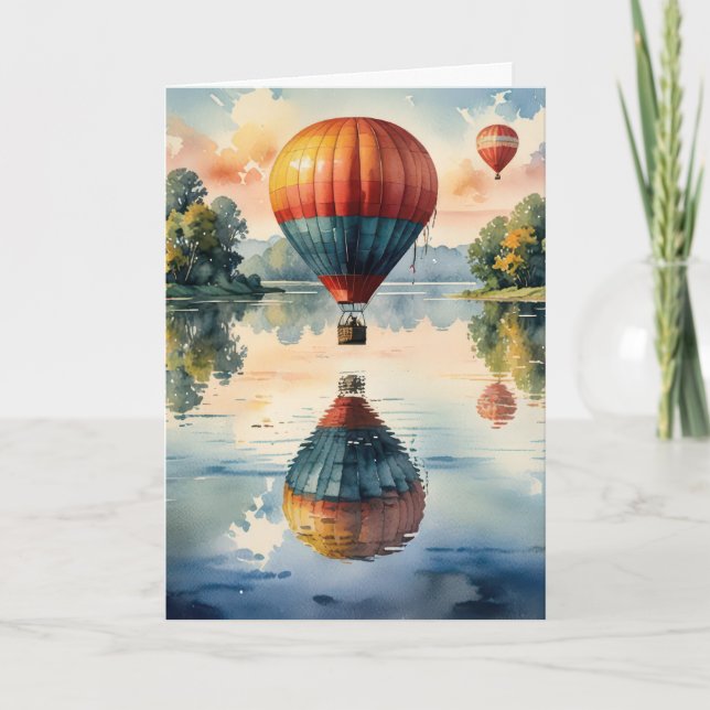 Heißluftballons zum Geburtstag mit Wasserspiegeln Karte (Vorderseite)