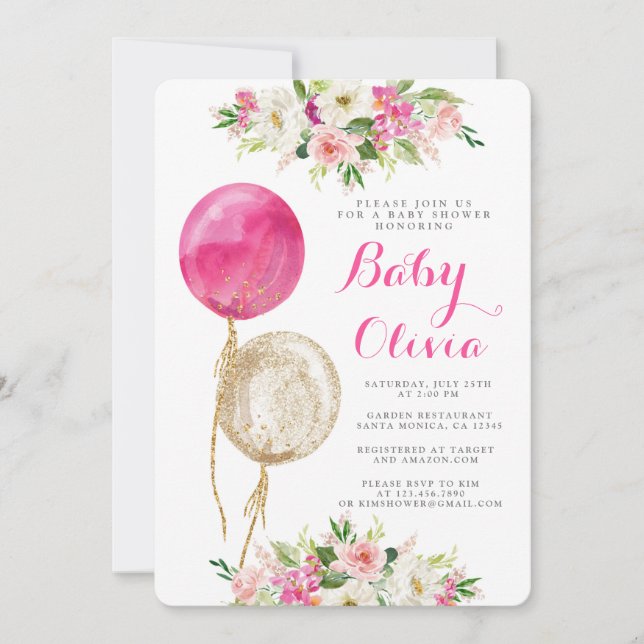 Heißrosa Ballons Babydusche Einladung (Vorderseite)