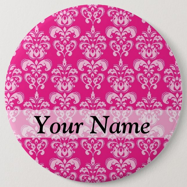 Heißrosa Damastmuster Button (Vorderseite)