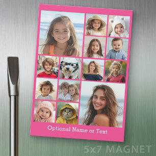 Heißrosa-Fotocollage - modernes 14-Bilder-Raster Magnetkarte