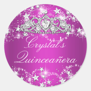 Heißrosa funkelnde Tiara & Sterne Quinceanera Aufk Runder Aufkleber