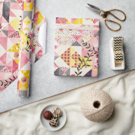 Heißrosa gelbe Quilt-Gingham-Cottagecore-Blumen Geschenkpapier