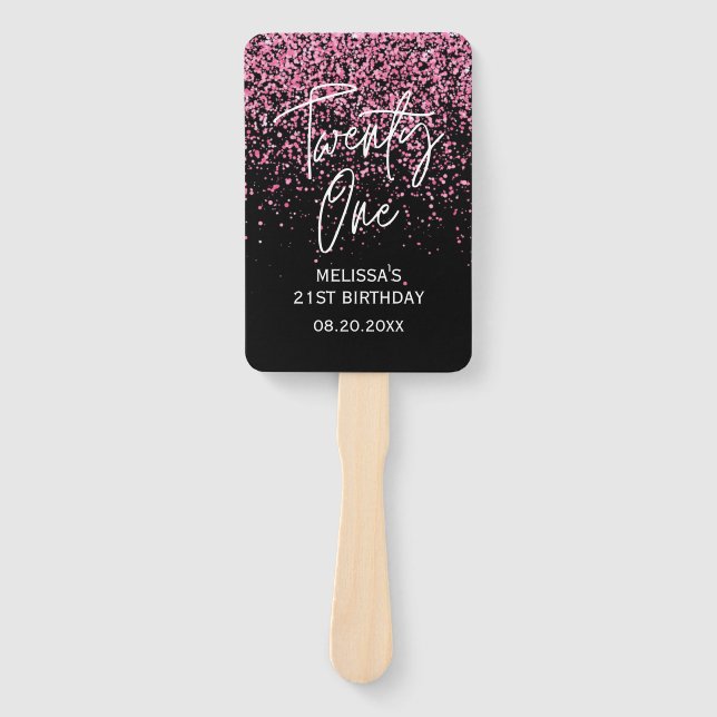 Heissrosa Glitzer Schwarz 21. Geburtstag Fächer (Vorderseite)